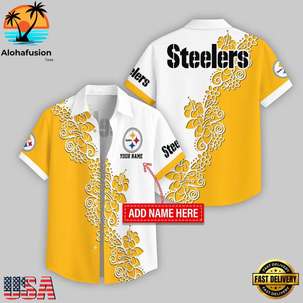 Custom Name Pittsburgh Steelers Hibicus Pattern NFL Hawaiian Shirts For Fans