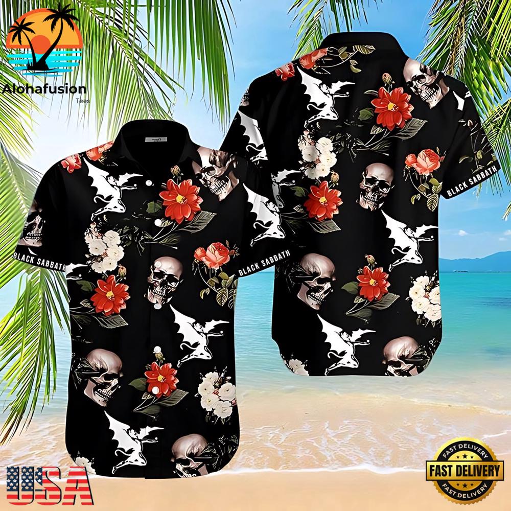 Black Sabbath Skull and Flowers Summer Aloha Hawaiian Shirt