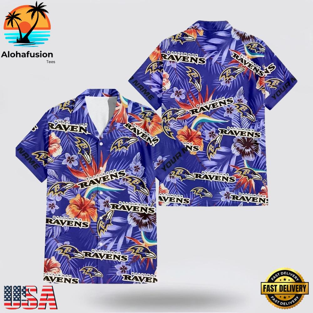 Custom Name Baltimore Ravens Logo Flowers Hawaiian Shirt