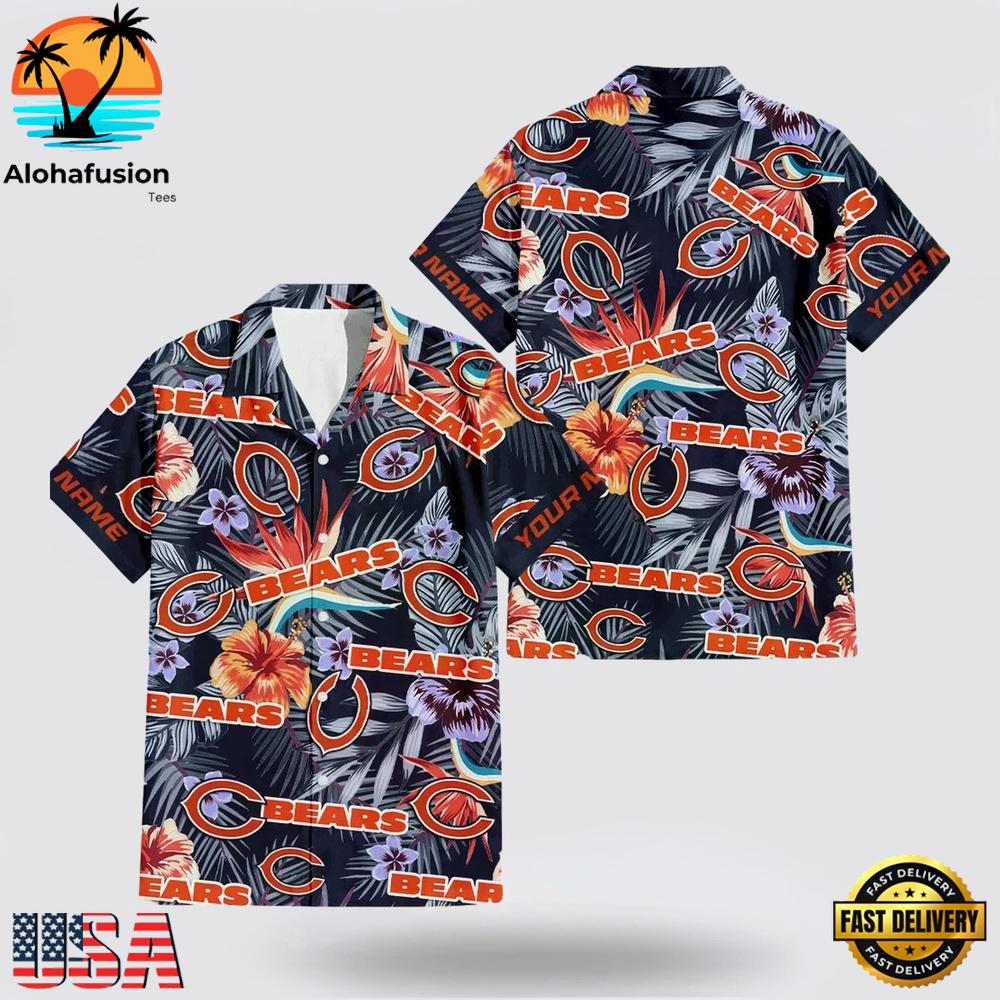 Custom Name Chicago Bears Logo Flowers Hawaiian Shirt
