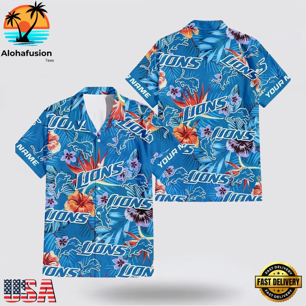 Custom Name Detroit Lions Logo Flowers Hawaiian Shirt