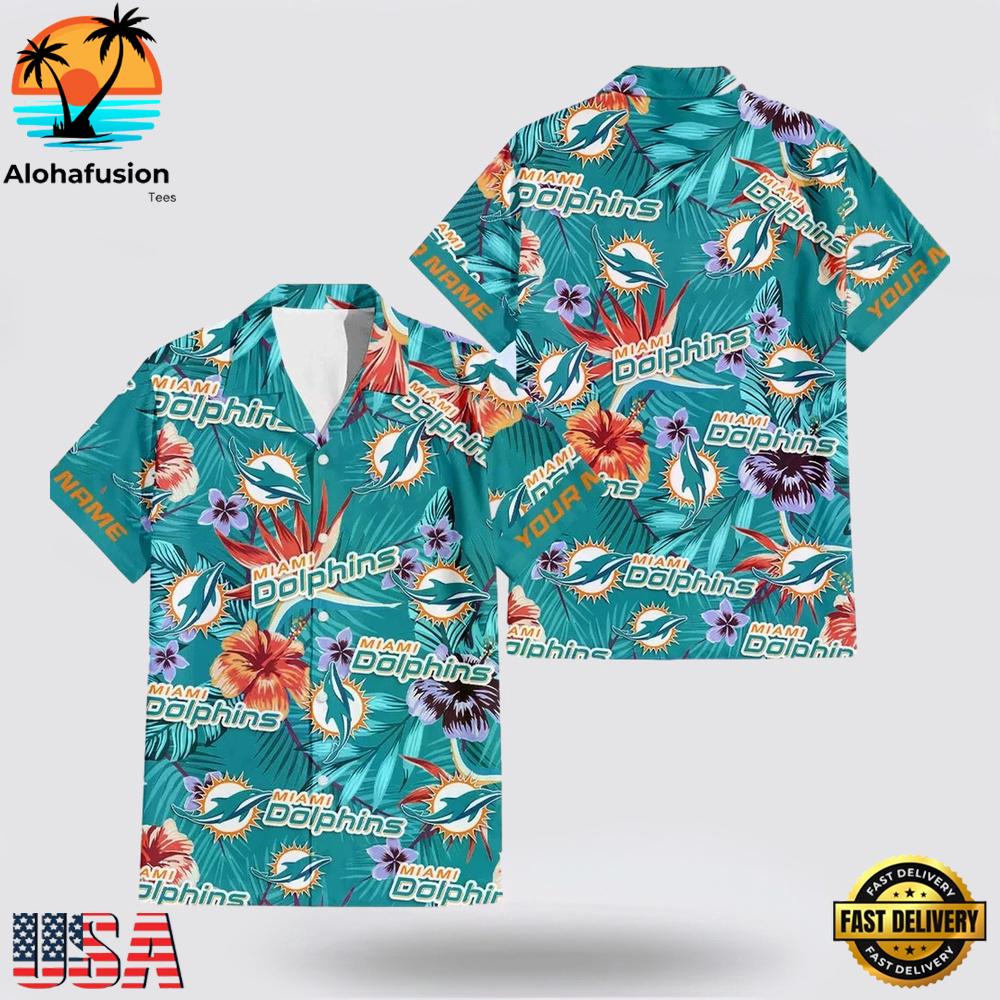 Custom Name Miami Dolphins Logo Flowers Hawaiian Shirt