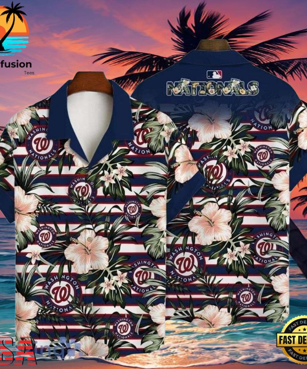MLB Island Stripes Washington Nationals Hibiscus Lineup Aloha Hawaiian Shirt