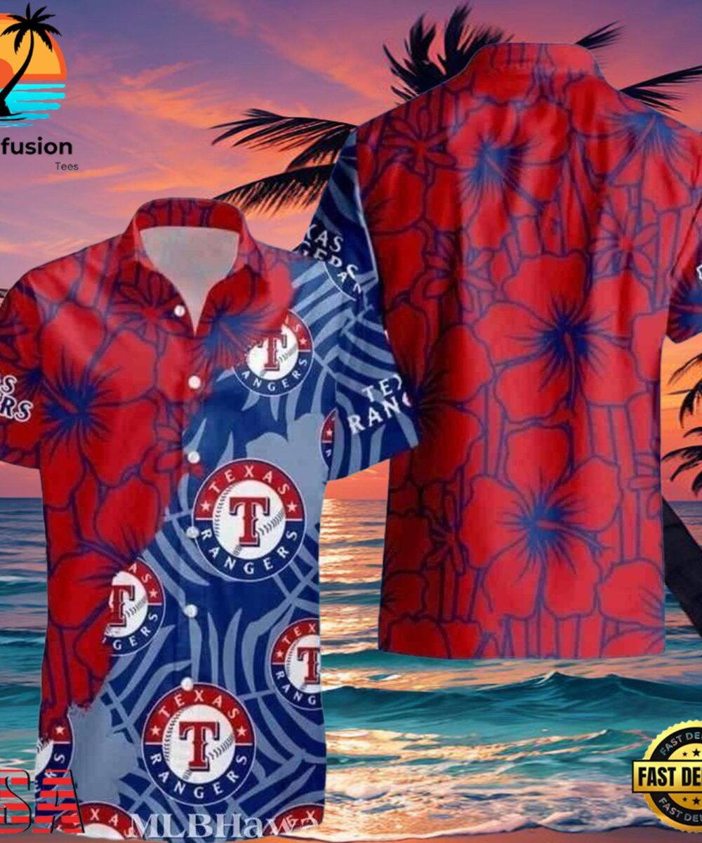 MLB Red And Blue Texas Rangers Emblem Hot Summer Hawaiian Shirt