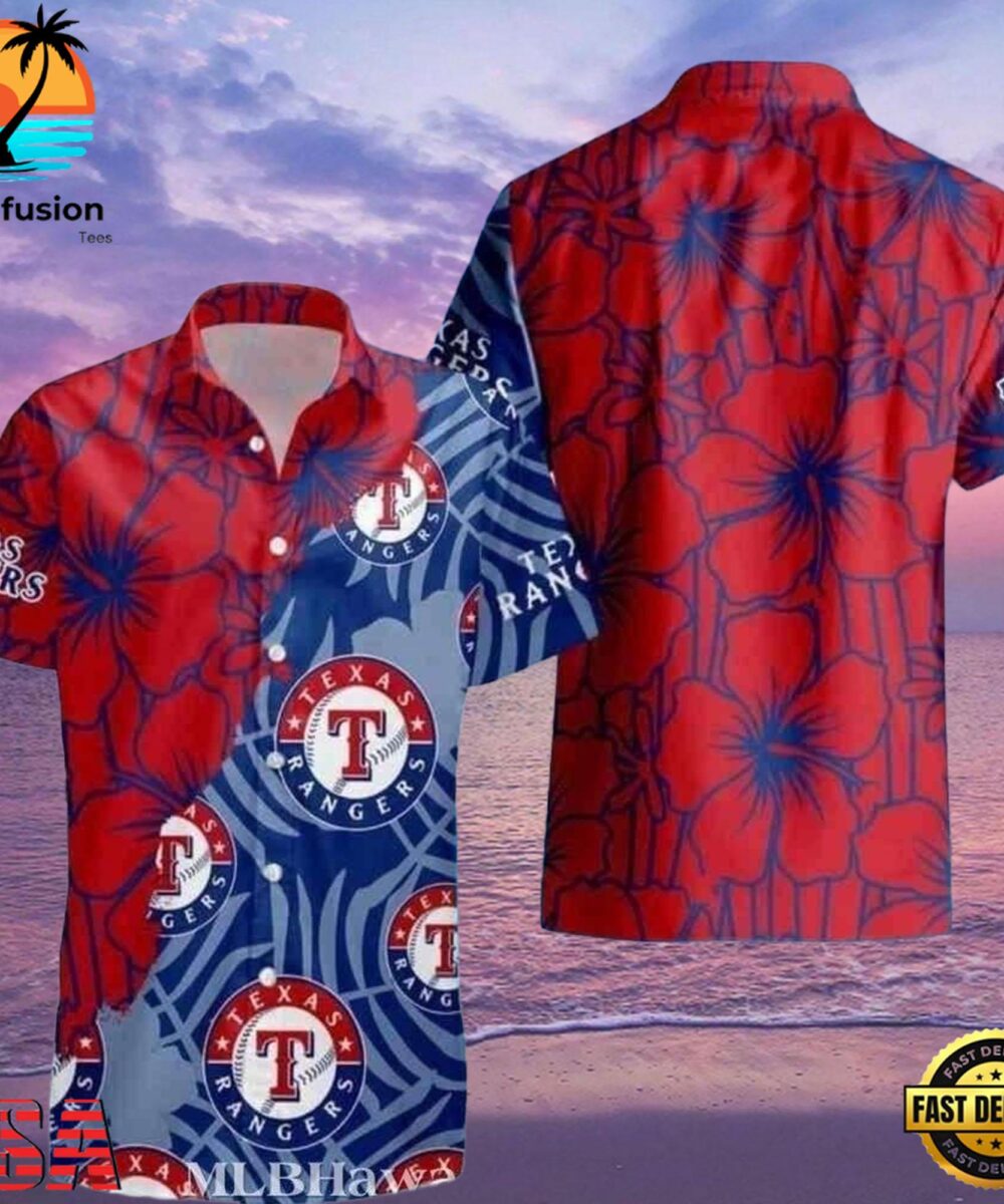 MLB Red And Blue Texas Rangers Emblem Hot Summer Hawaiian Shirt