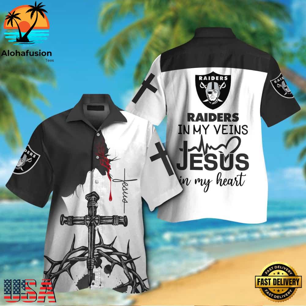 NFL Las Vegas Raiders In My Veins Jesus Im My Heart Hawaiian Shirt