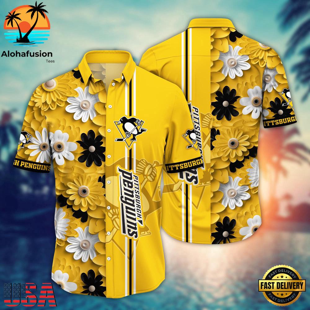 Pittsburgh Penguins Golden Stripe Floral Summer Hawaiian Shirt